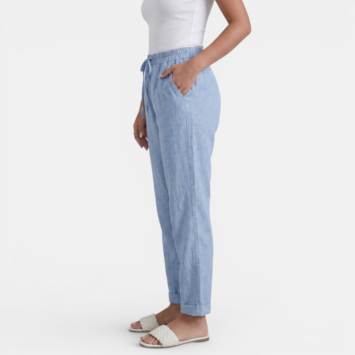 Women linen high waist pants relaxed fit in neutral tones