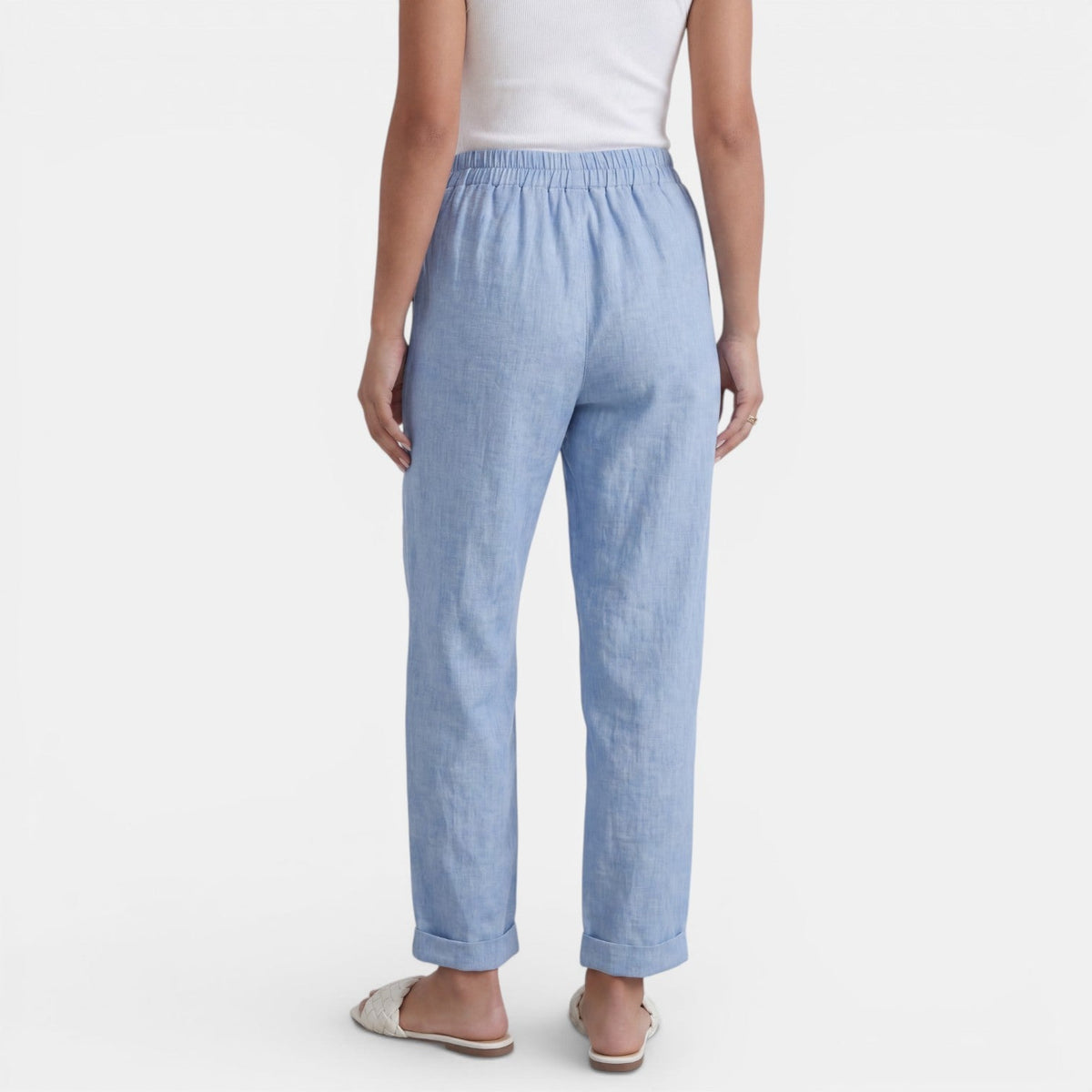Women linen high waist pants relaxed fit in neutral tones