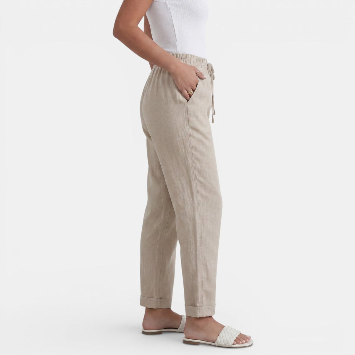 Women linen high waist pants relaxed fit in neutral tones