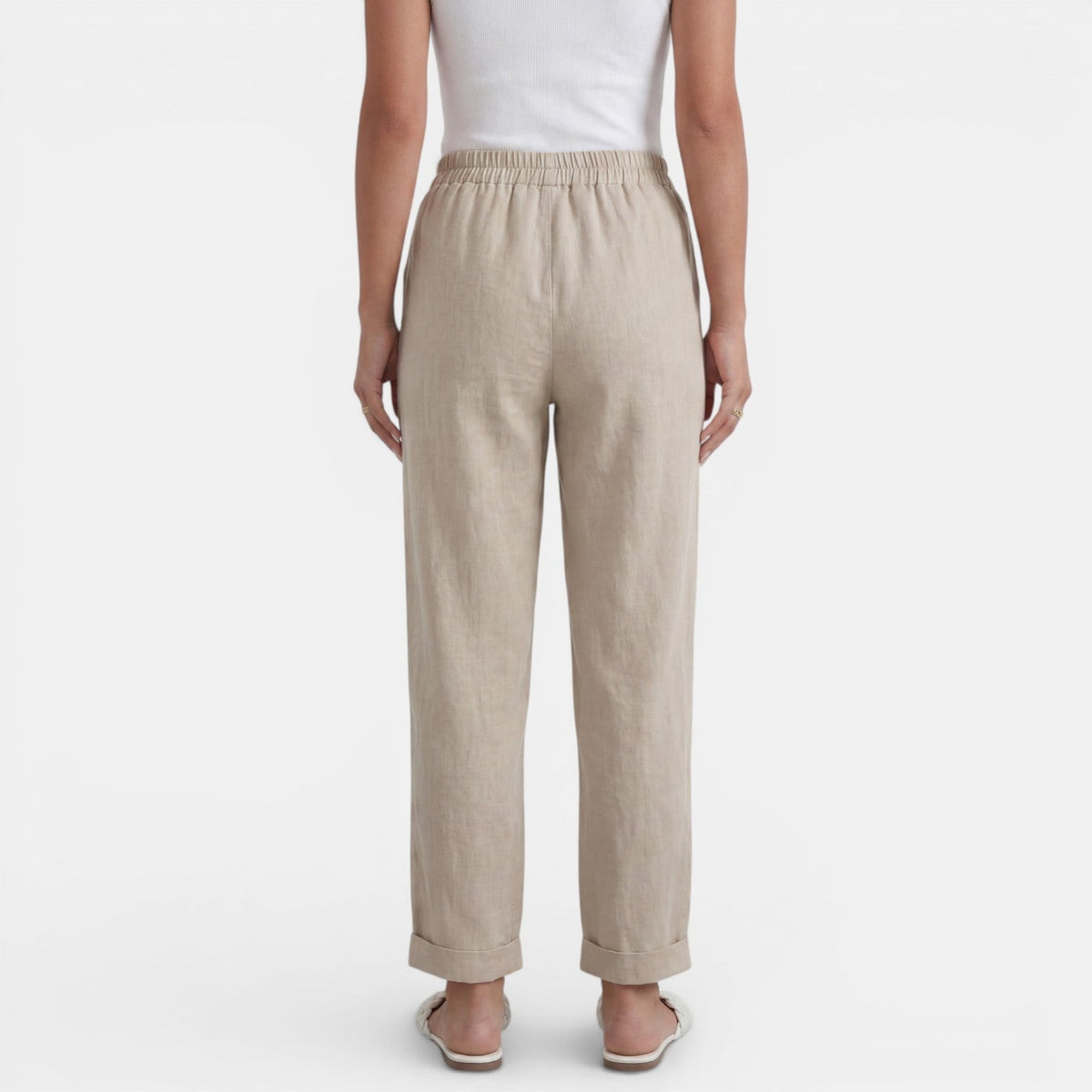 Women linen high waist pants relaxed fit in neutral tones