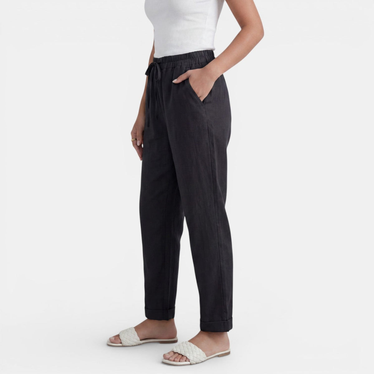 Women linen high waist pants relaxed fit in neutral tones