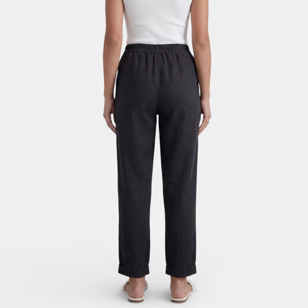 Women linen high waist pants relaxed fit in neutral tones