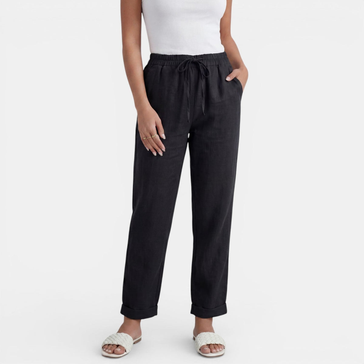 Women linen high waist pants relaxed fit in neutral tones