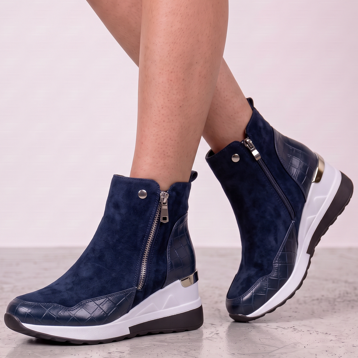 Women Suede Wedge Boots Zip Closure