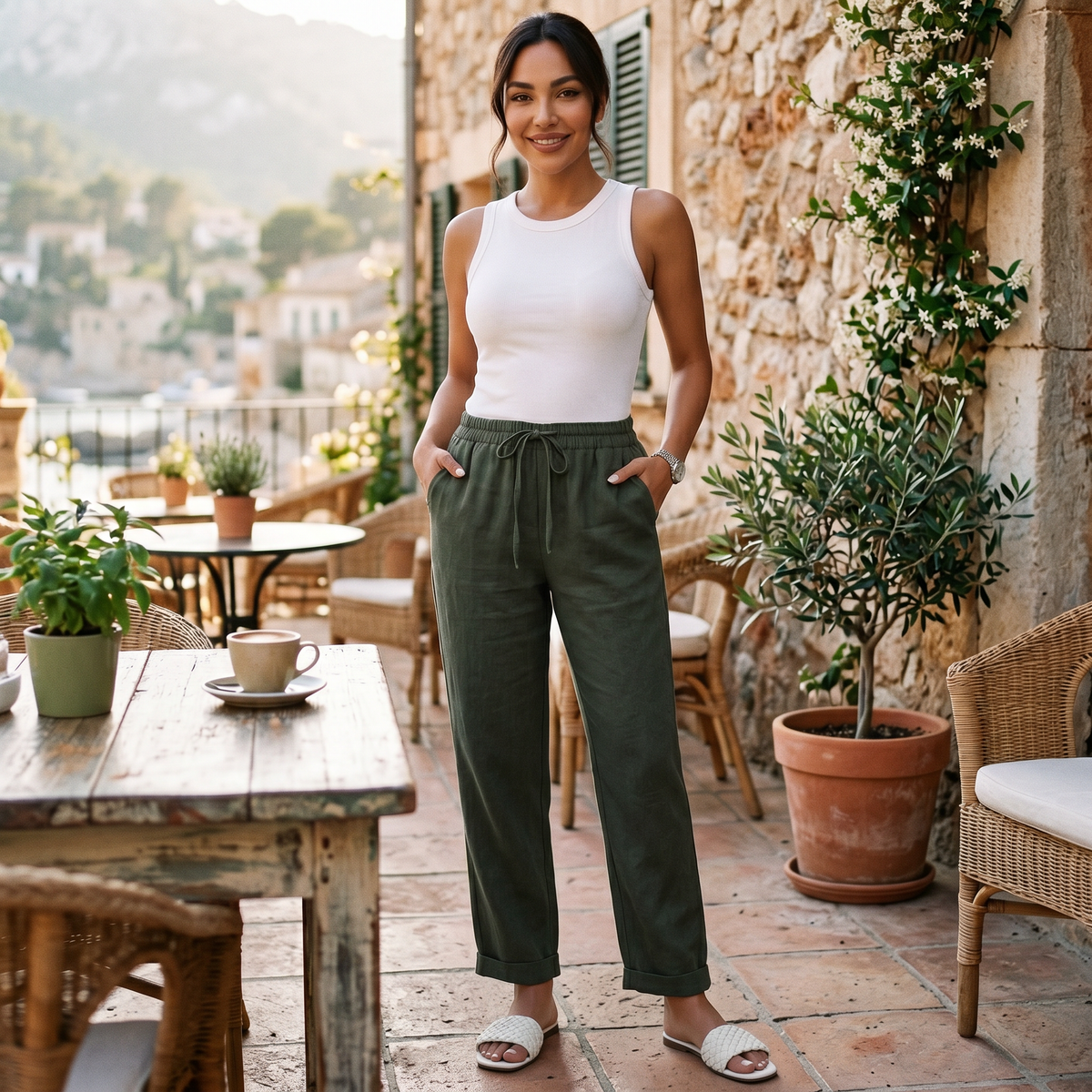 Women linen high waist pants relaxed fit in neutral tones