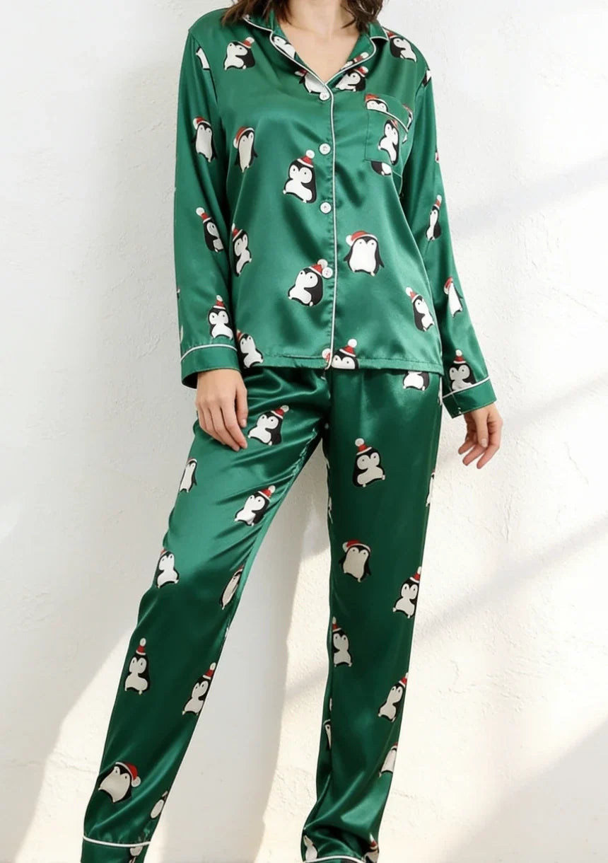 Womens Christmas pyjamas satin with penguin print and long sleeves