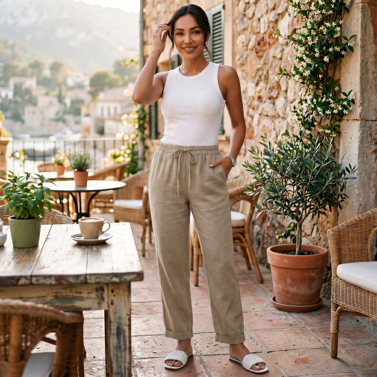 Women linen high waist pants relaxed fit in neutral tones