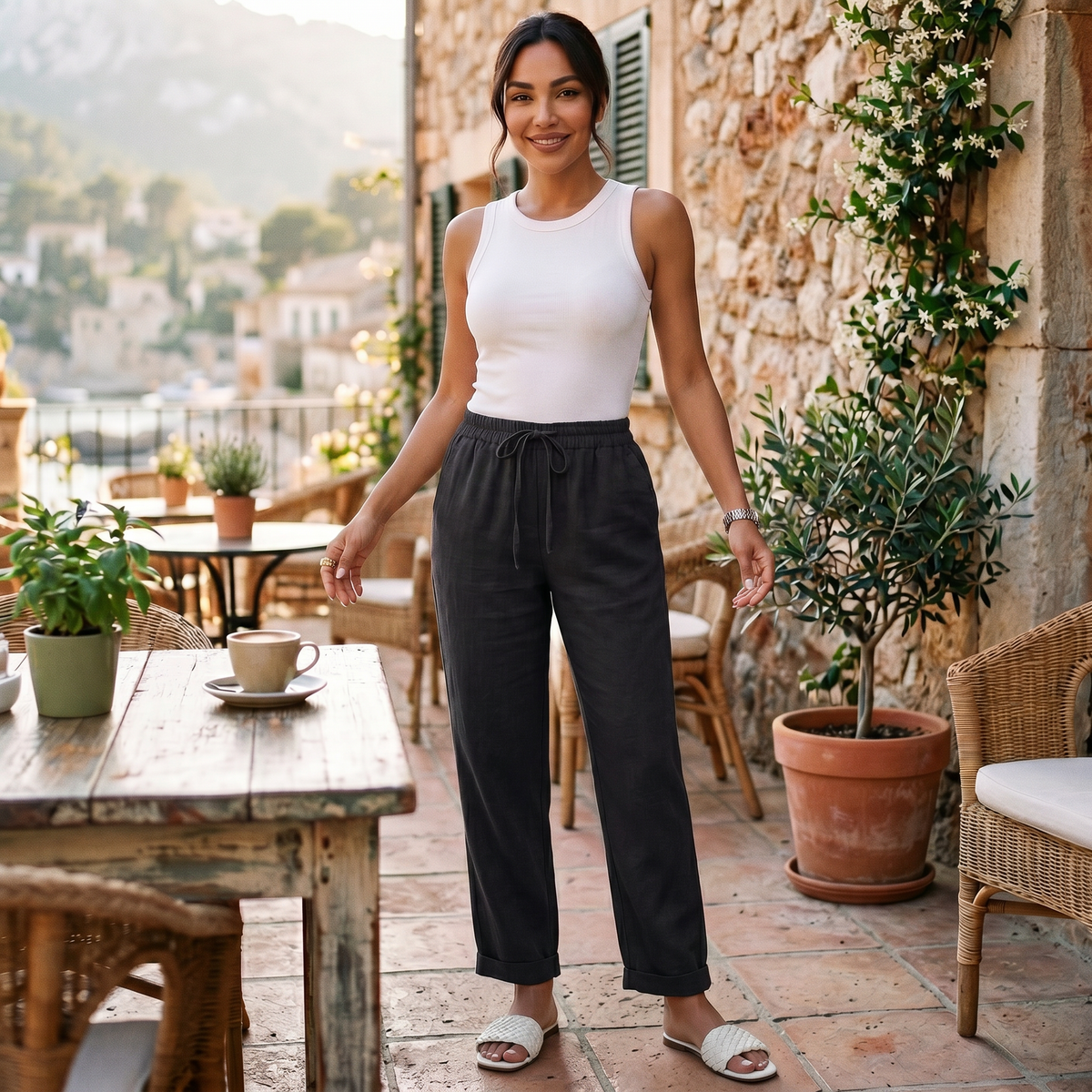 Women linen high waist pants relaxed fit in neutral tones