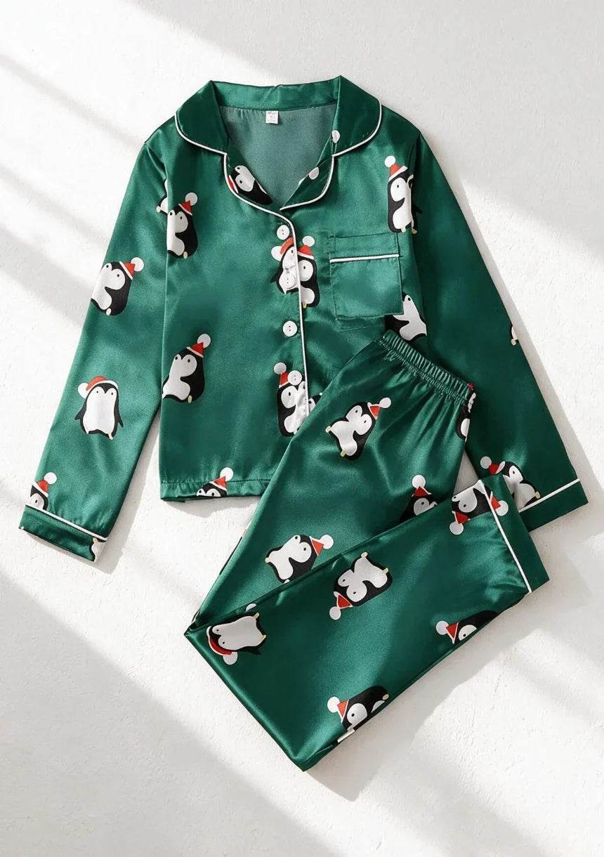 Womens Christmas pyjamas satin with penguin print and long sleeves