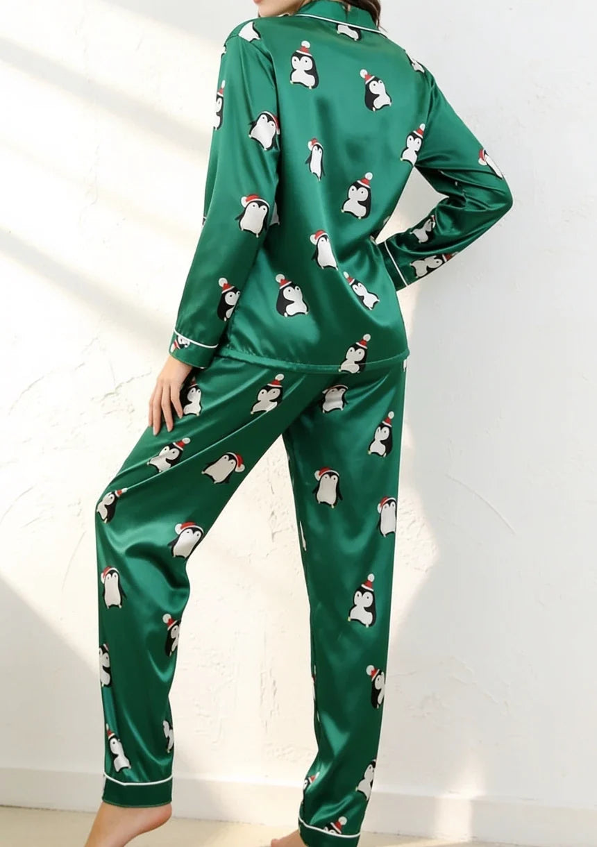 Womens Christmas pyjamas satin with penguin print and long sleeves