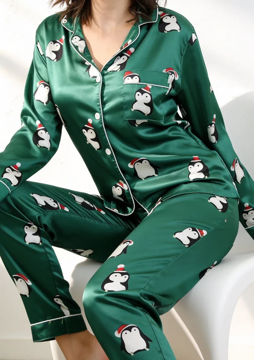 Womens Christmas pyjamas satin with penguin print and long sleeves