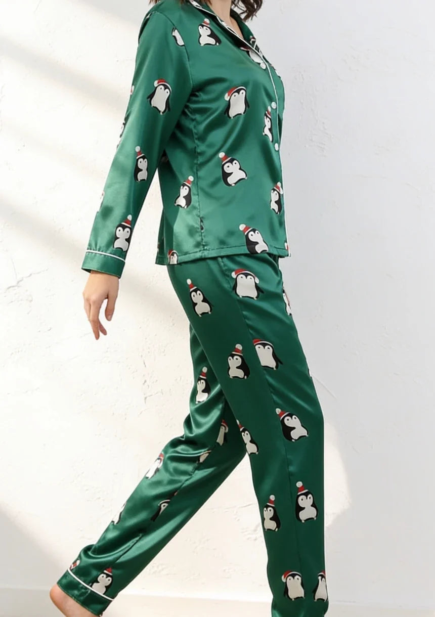 Womens Christmas pyjamas satin with penguin print and long sleeves