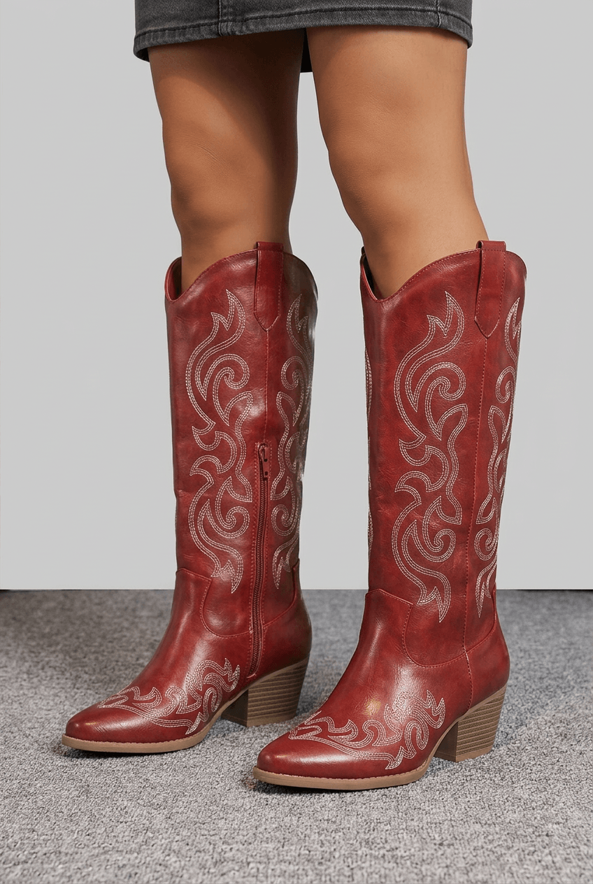 Women Knee-High Boots Pointed Toe Western Embroidery