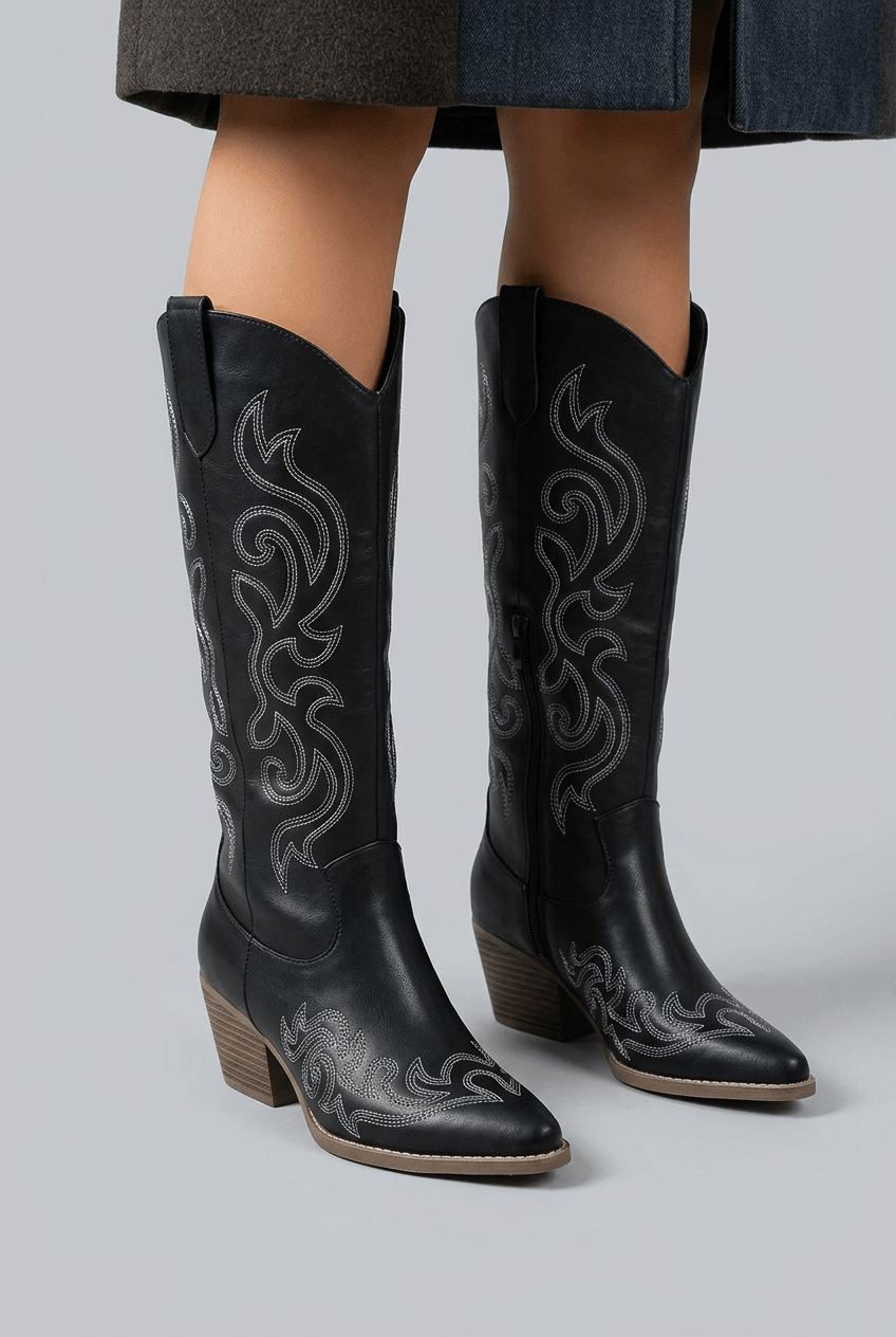 Women Knee-High Boots Pointed Toe Western Embroidery