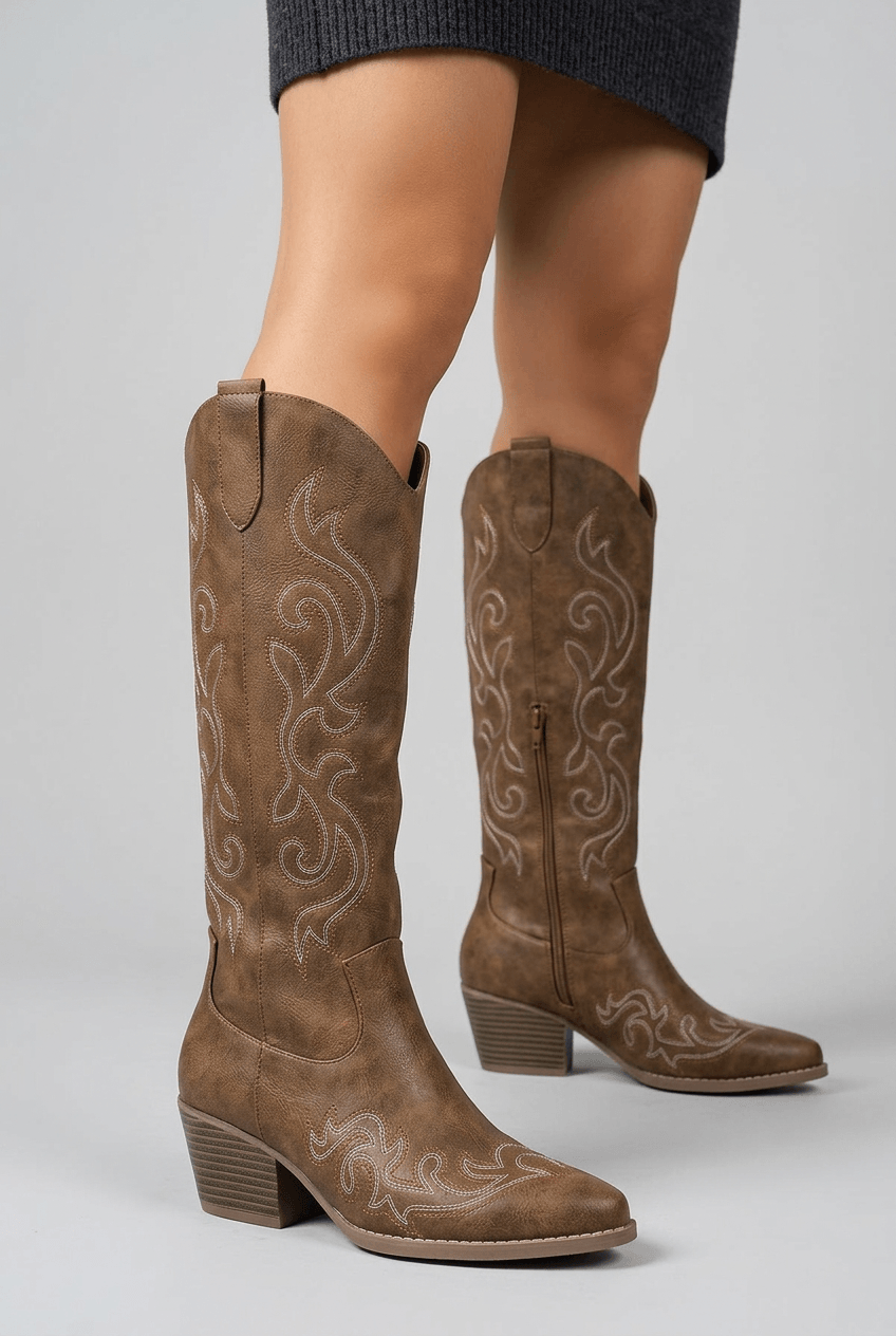 Women Knee-High Boots Pointed Toe Western Embroidery