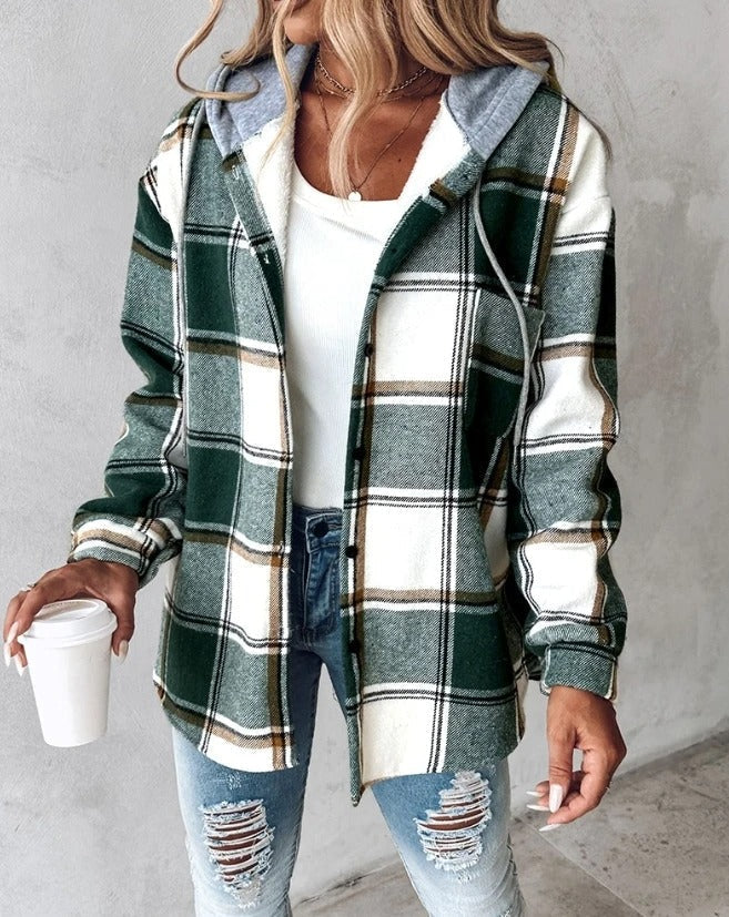 Plaid hooded jacket women oversized winter coat with pockets