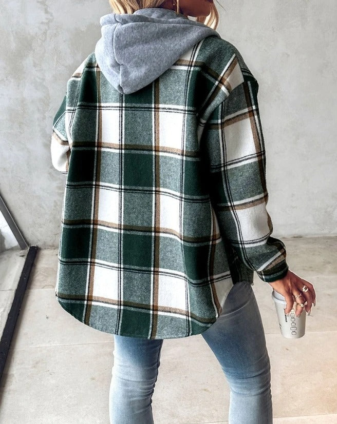 Plaid hooded jacket women oversized winter coat with pockets