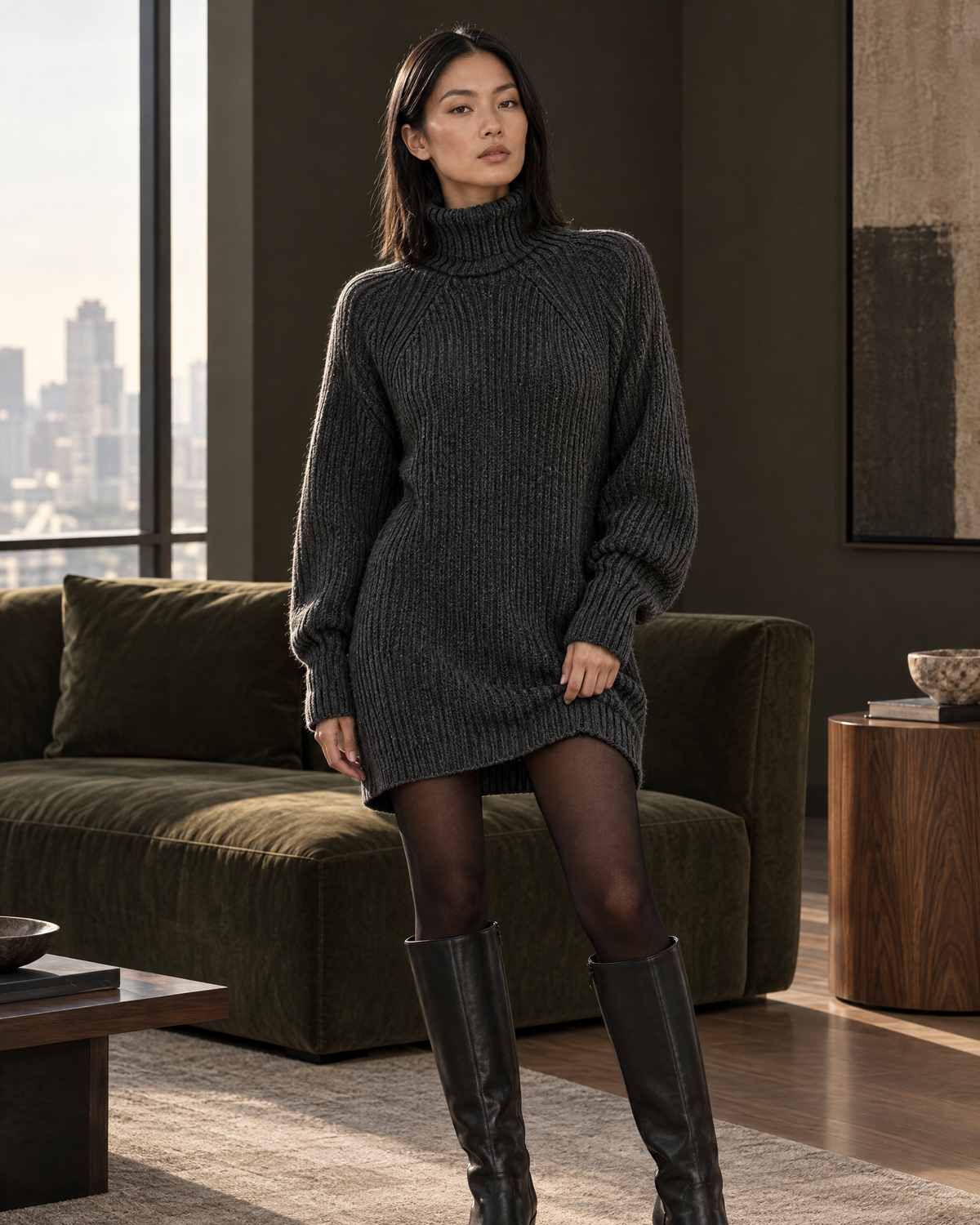 Jumper Dress Women | Ribbed Knit, High Neck | Long Sleeve, Cozy Fit