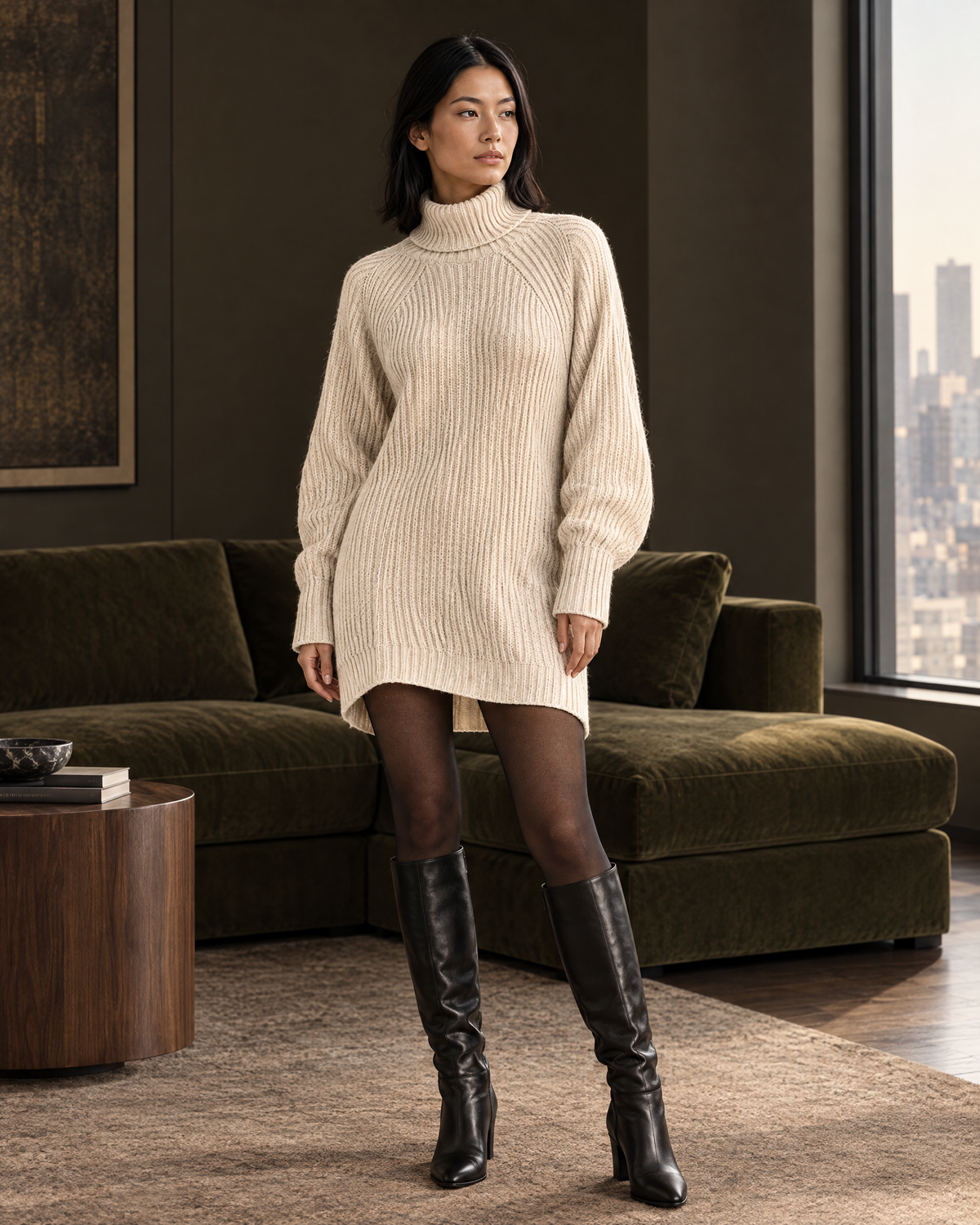 Jumper Dress Women | Ribbed Knit, High Neck | Long Sleeve, Cozy Fit