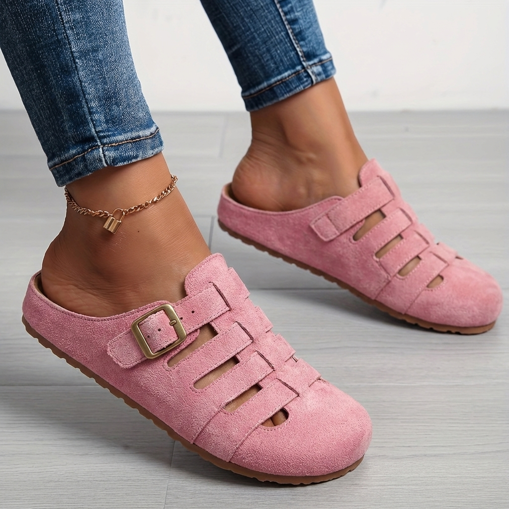 Women slip-on mule sandals with buckle and contoured supportive footbed