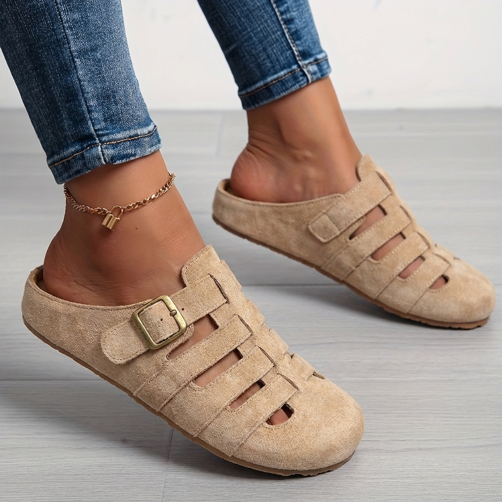 Women slip-on mule sandals with buckle and contoured supportive footbed