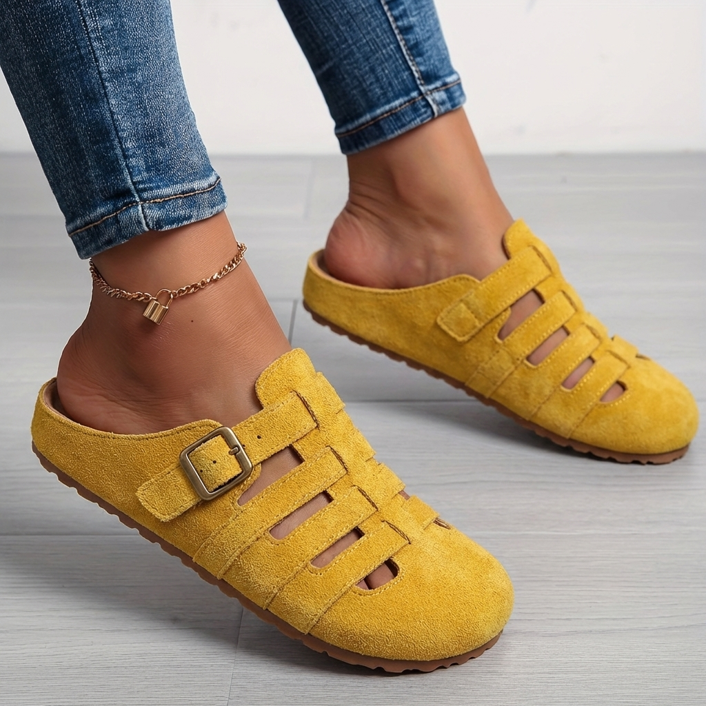 Women slip-on mule sandals with buckle and contoured supportive footbed