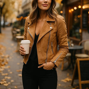 Women's Short Suede Jacket with Slim Fit and Front Zip
