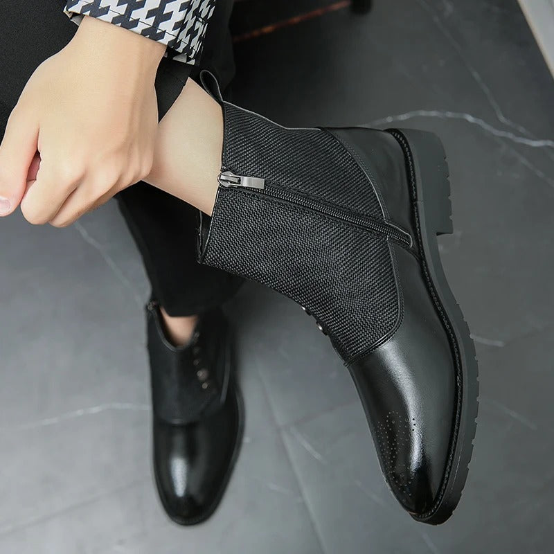 Men's Ankle Boots | Black Zip-Up, Brogue Detail