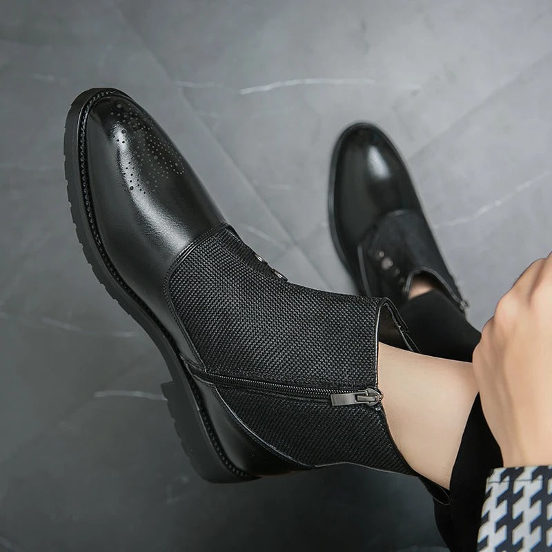 Men's Ankle Boots | Black Zip-Up, Brogue Detail
