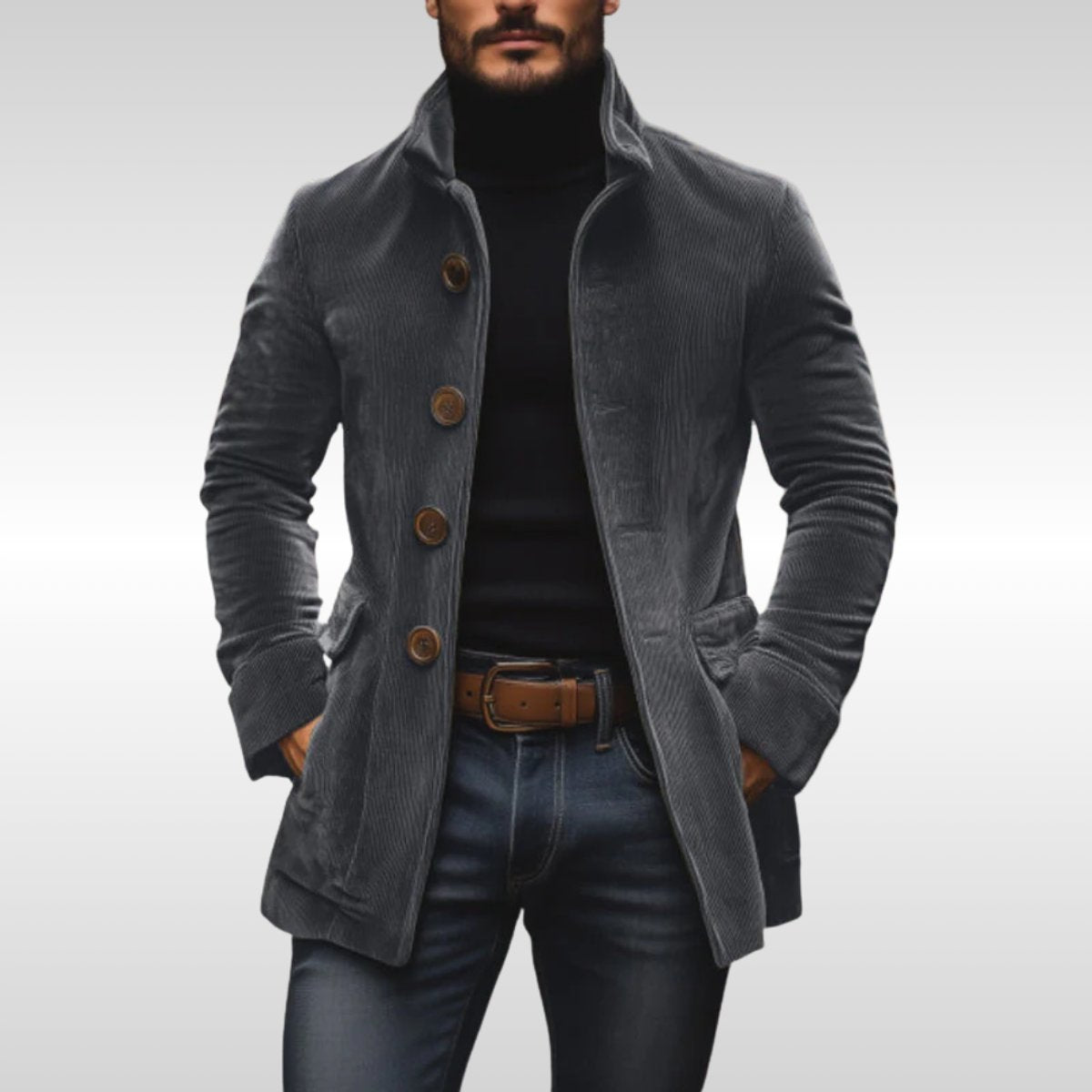 Men's Wool Coat | Slim-Fit Corduroy, Stand Collar | Button-Up