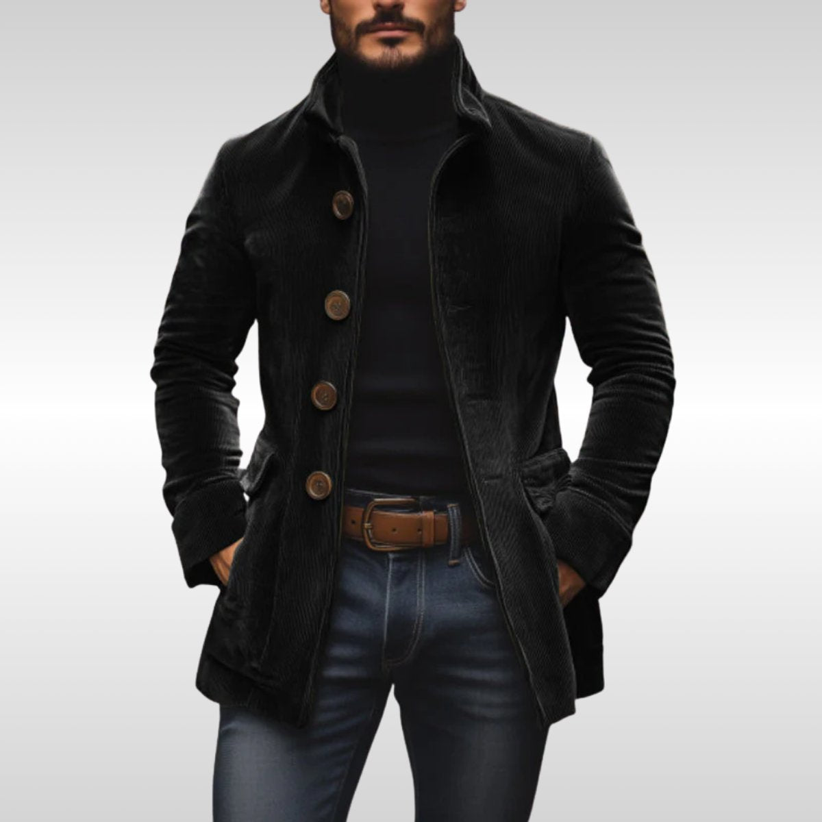 Men's Wool Coat | Slim-Fit Corduroy, Stand Collar | Button-Up