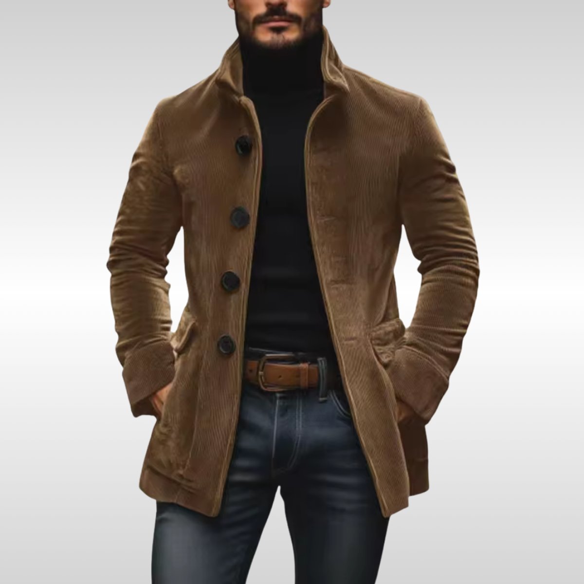 Men's Wool Coat | Slim-Fit Corduroy, Stand Collar | Button-Up