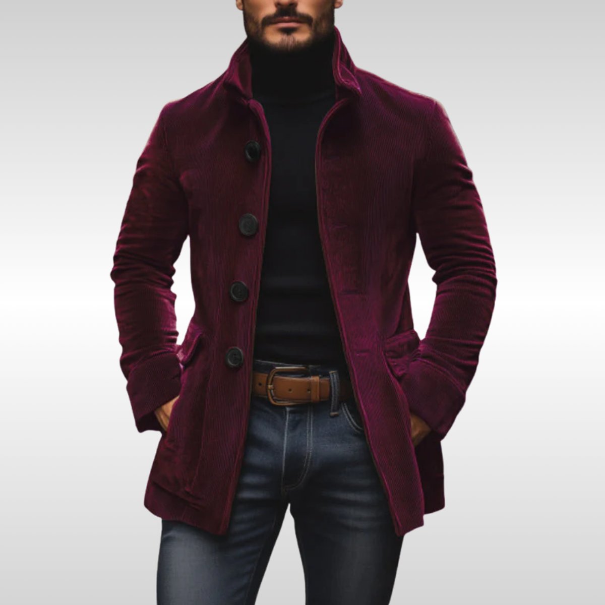 Men's Wool Coat | Slim-Fit Corduroy, Stand Collar | Button-Up