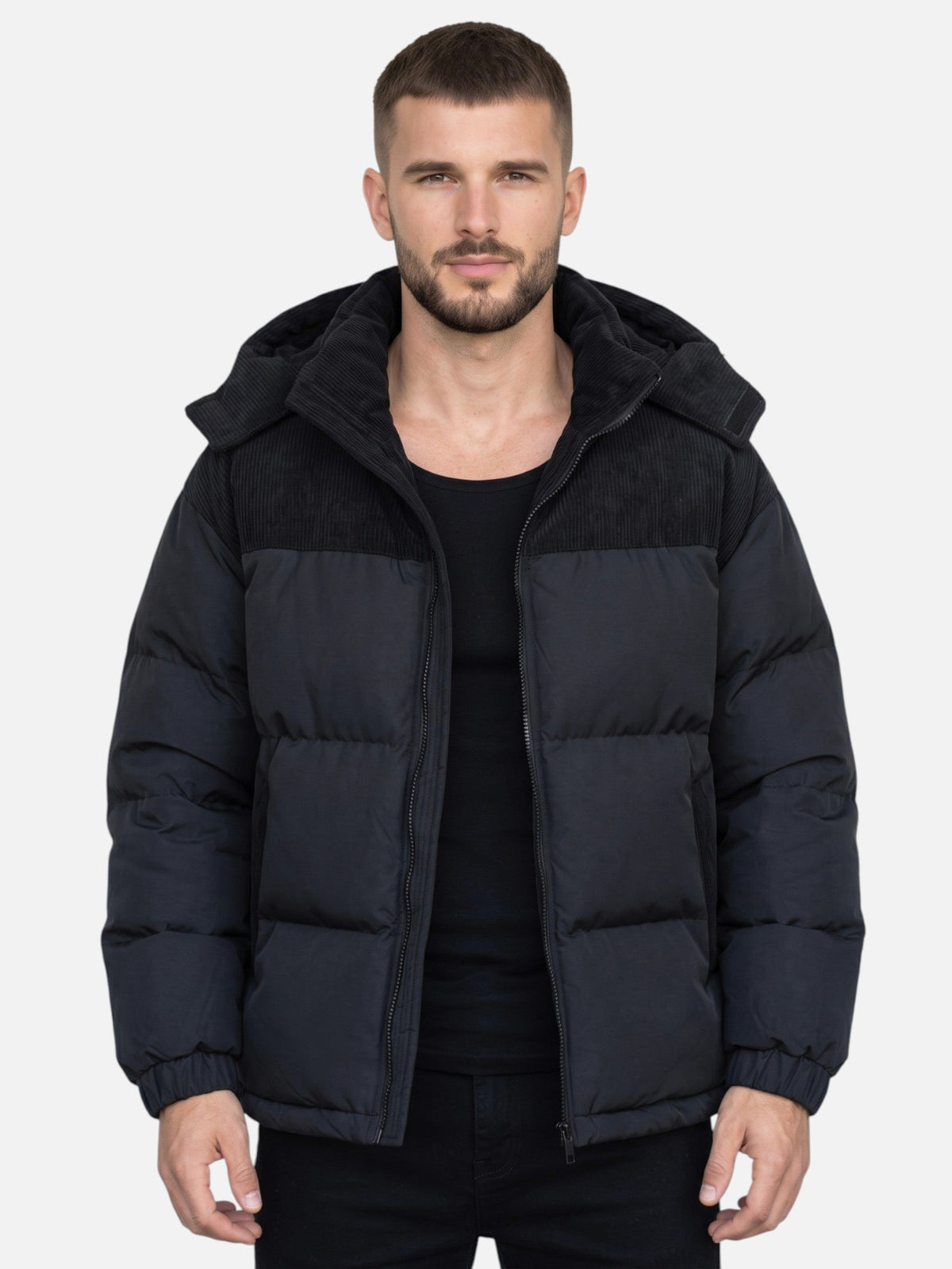 Men colour block puffer jacket hooded padded winter insulation