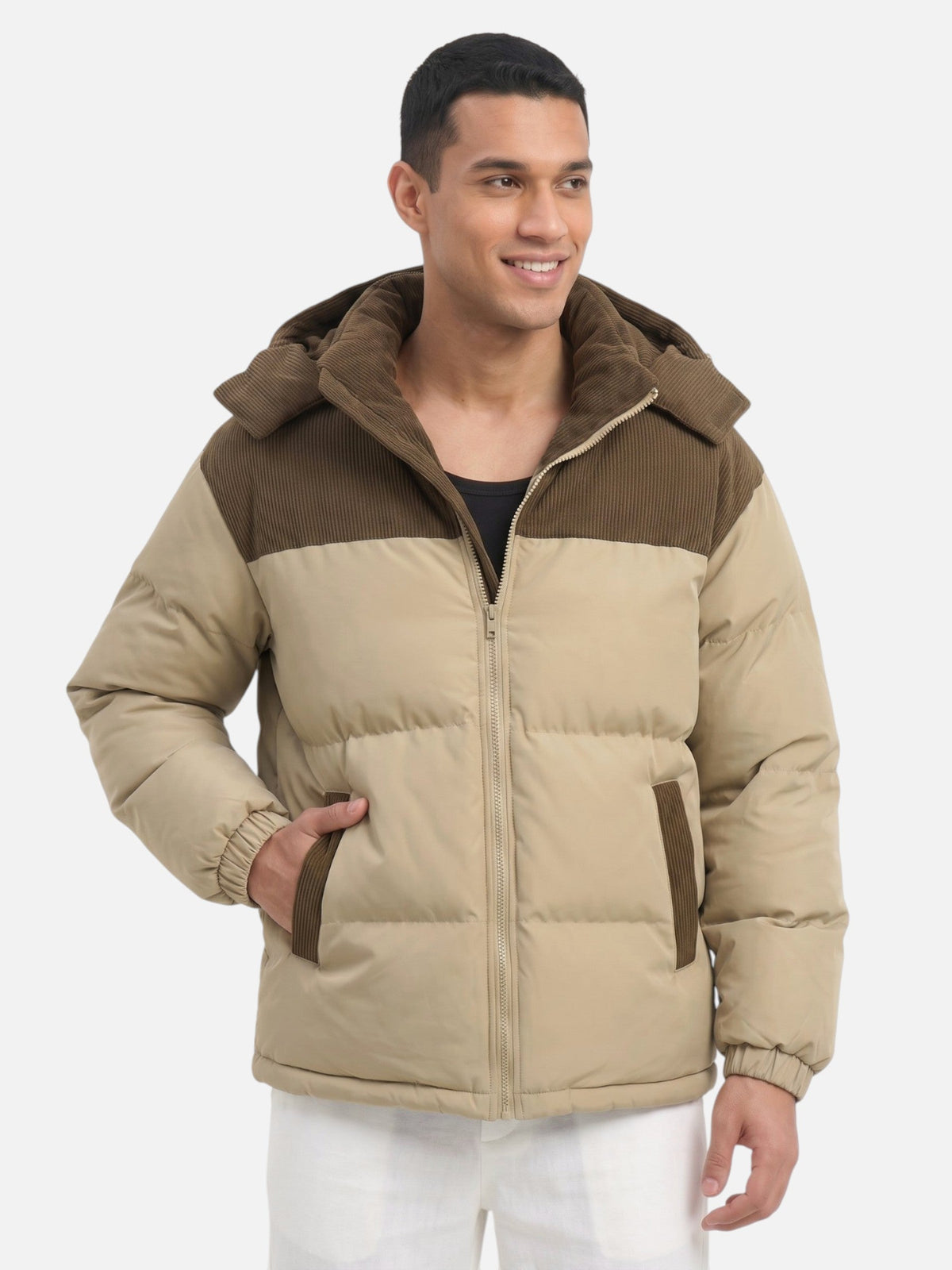 Men colour block puffer jacket hooded padded winter insulation