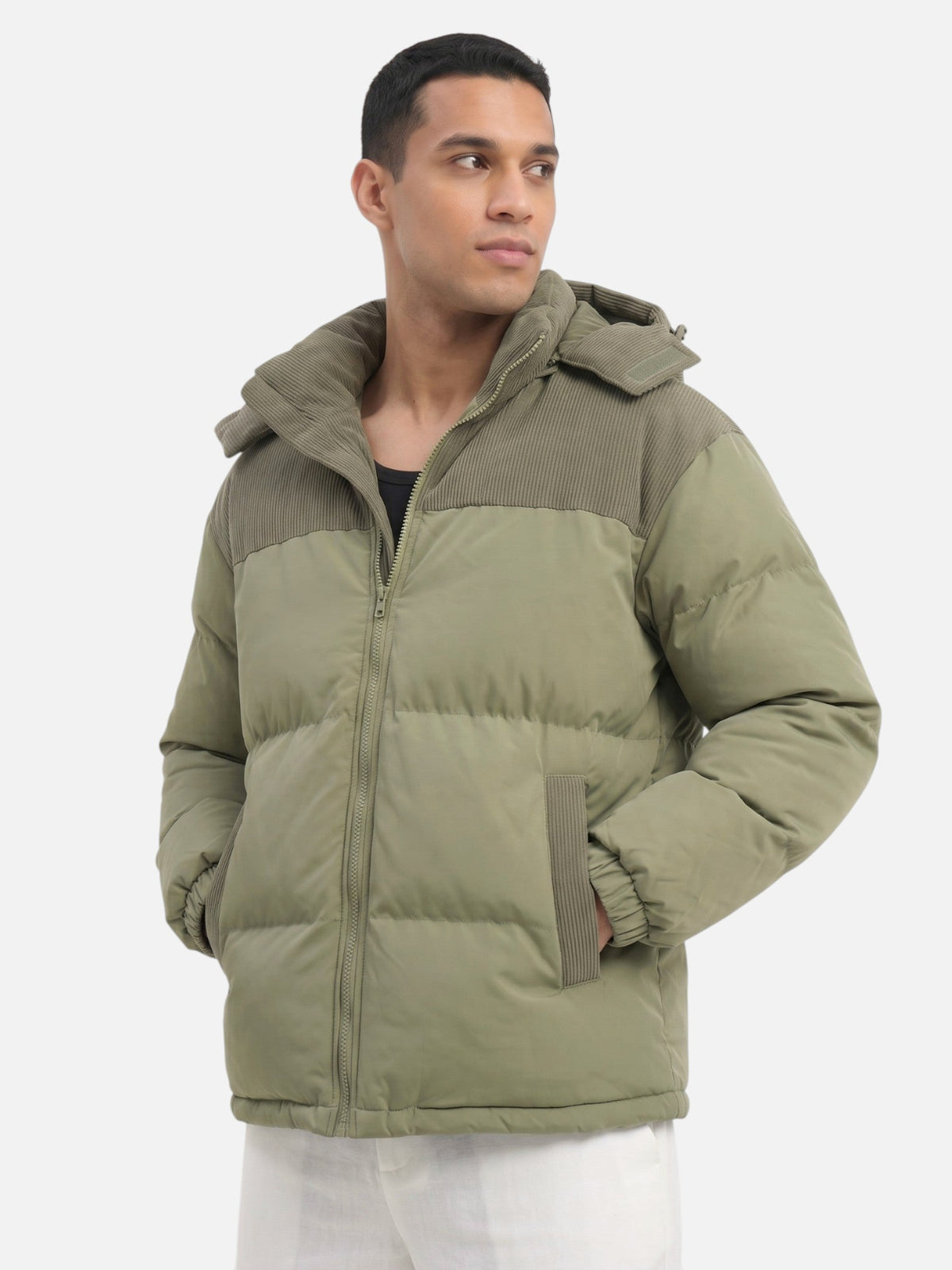 Men colour block puffer jacket hooded padded winter insulation