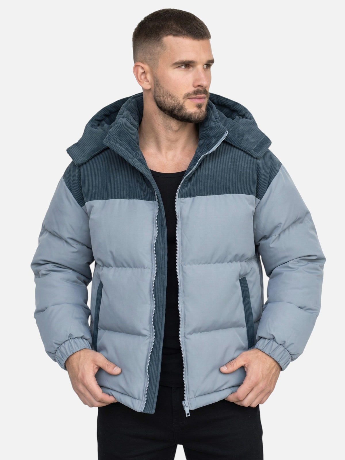 Men colour block puffer jacket hooded padded winter insulation