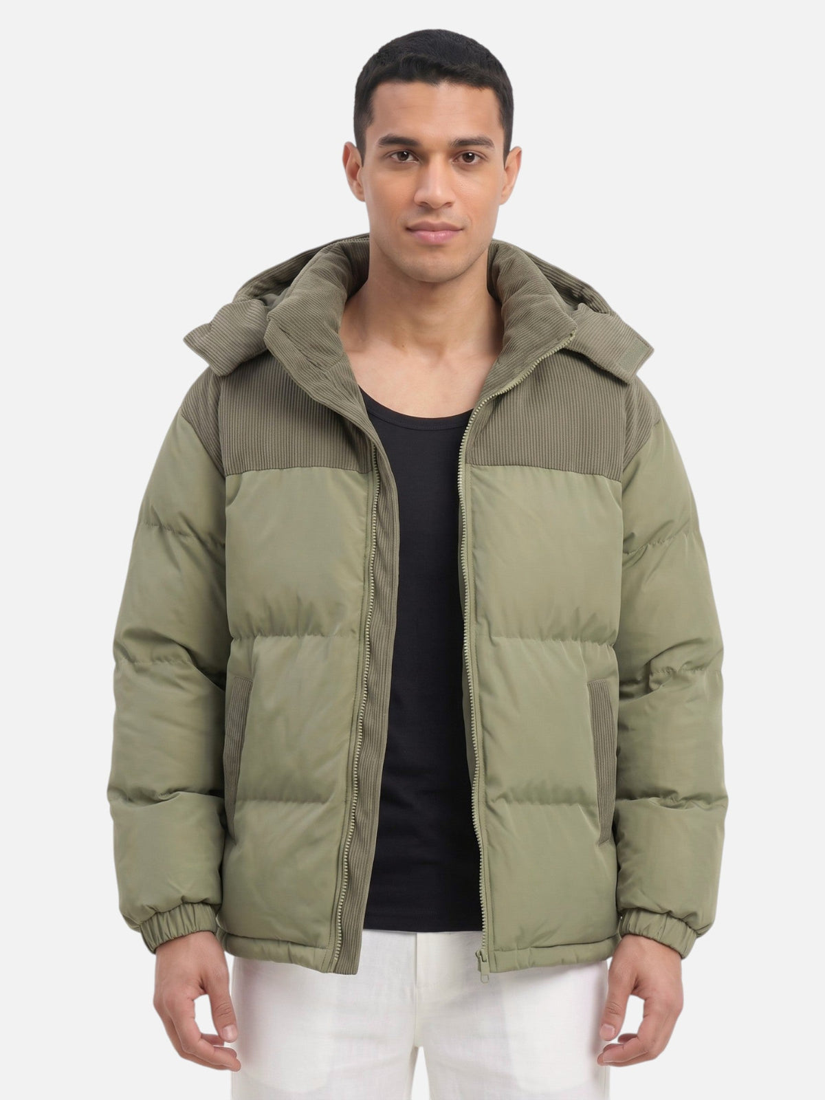 Men colour block puffer jacket hooded padded winter insulation