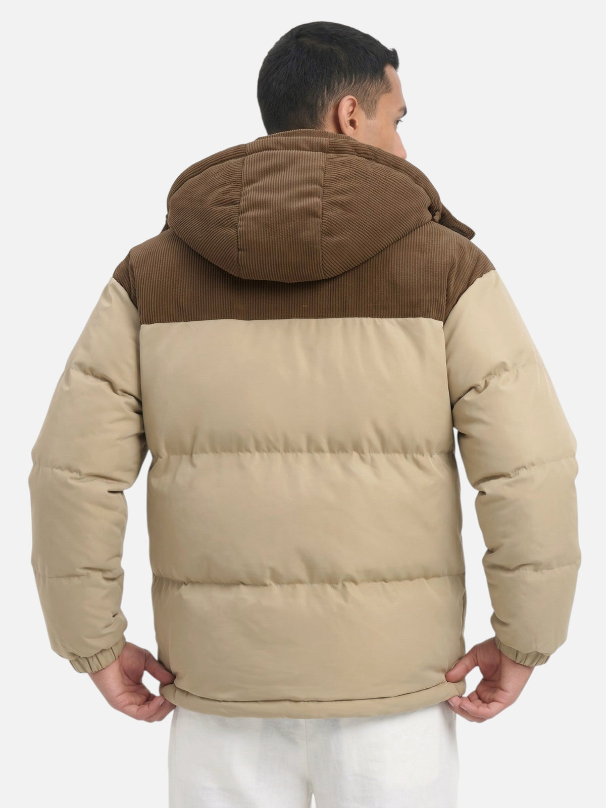 Men colour block puffer jacket hooded padded winter insulation