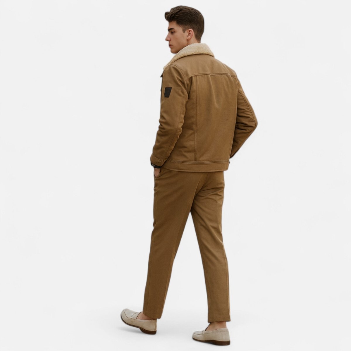 Sherpa bomber jacket for men with sherpa collar and chest pockets