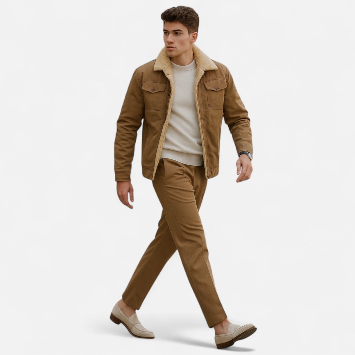 Sherpa bomber jacket for men with sherpa collar and chest pockets