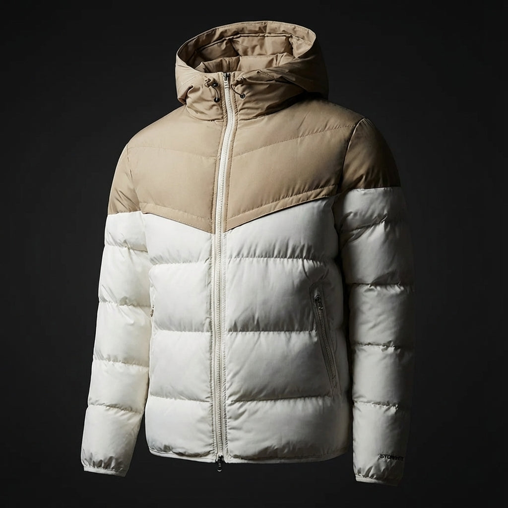 Men colour block puffer jacket hooded with zip front and contrast panel detailing