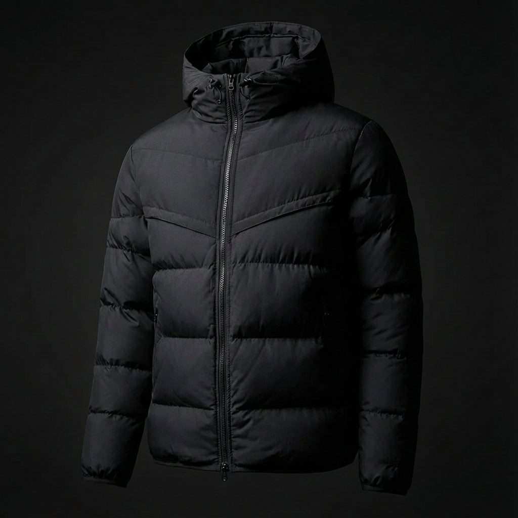 Men colour block puffer jacket hooded with zip front and contrast panel detailing