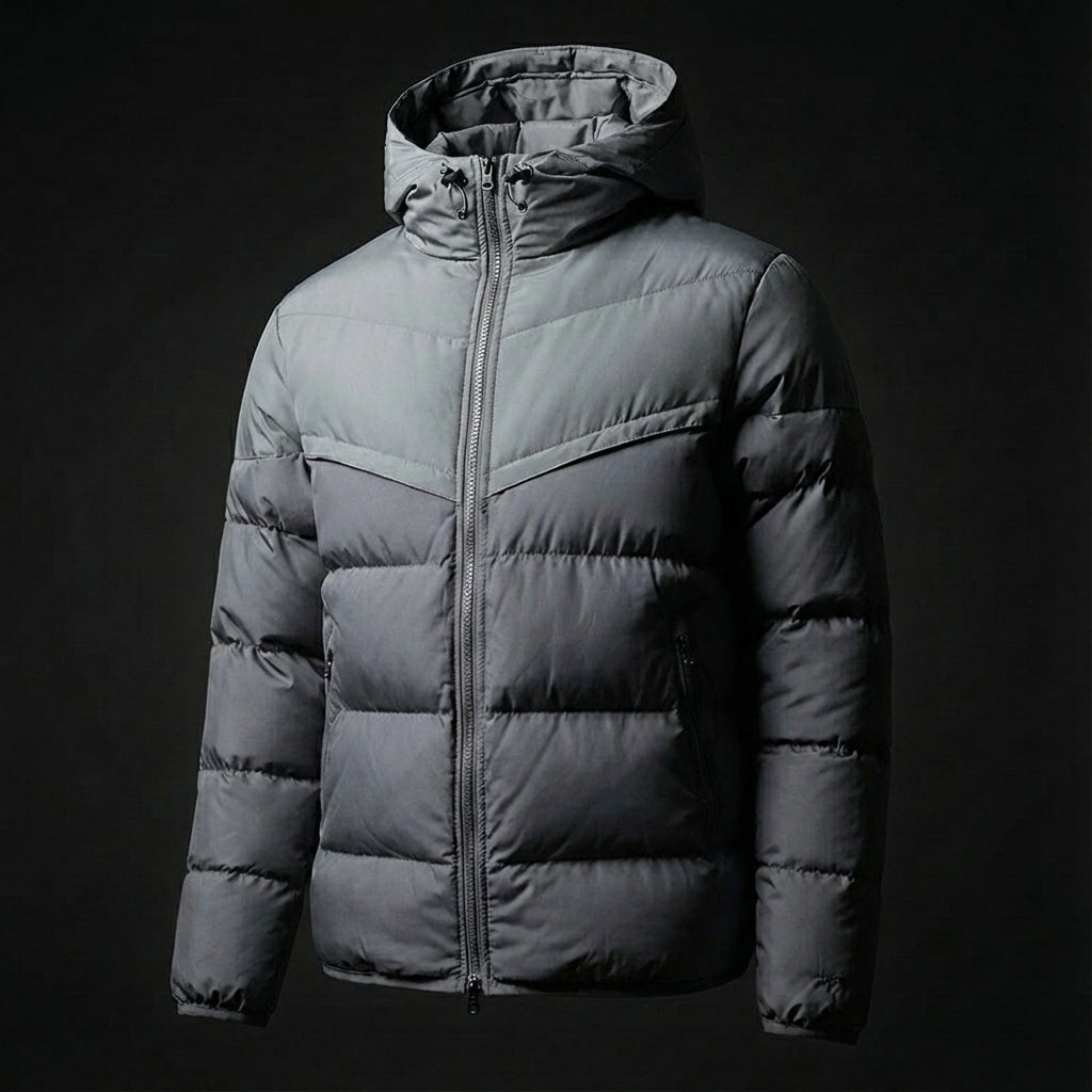 Men colour block puffer jacket hooded with zip front and contrast panel detailing