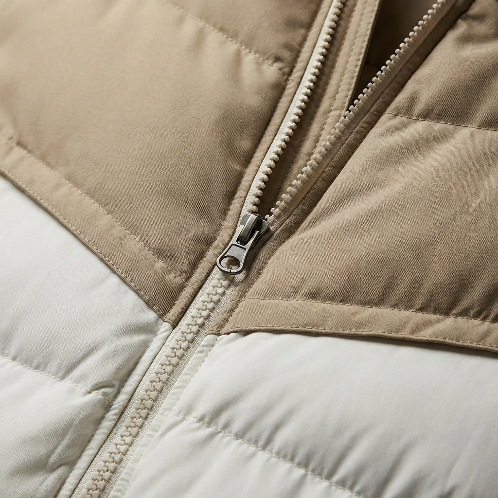 Men colour block puffer jacket hooded with zip front and contrast panel detailing