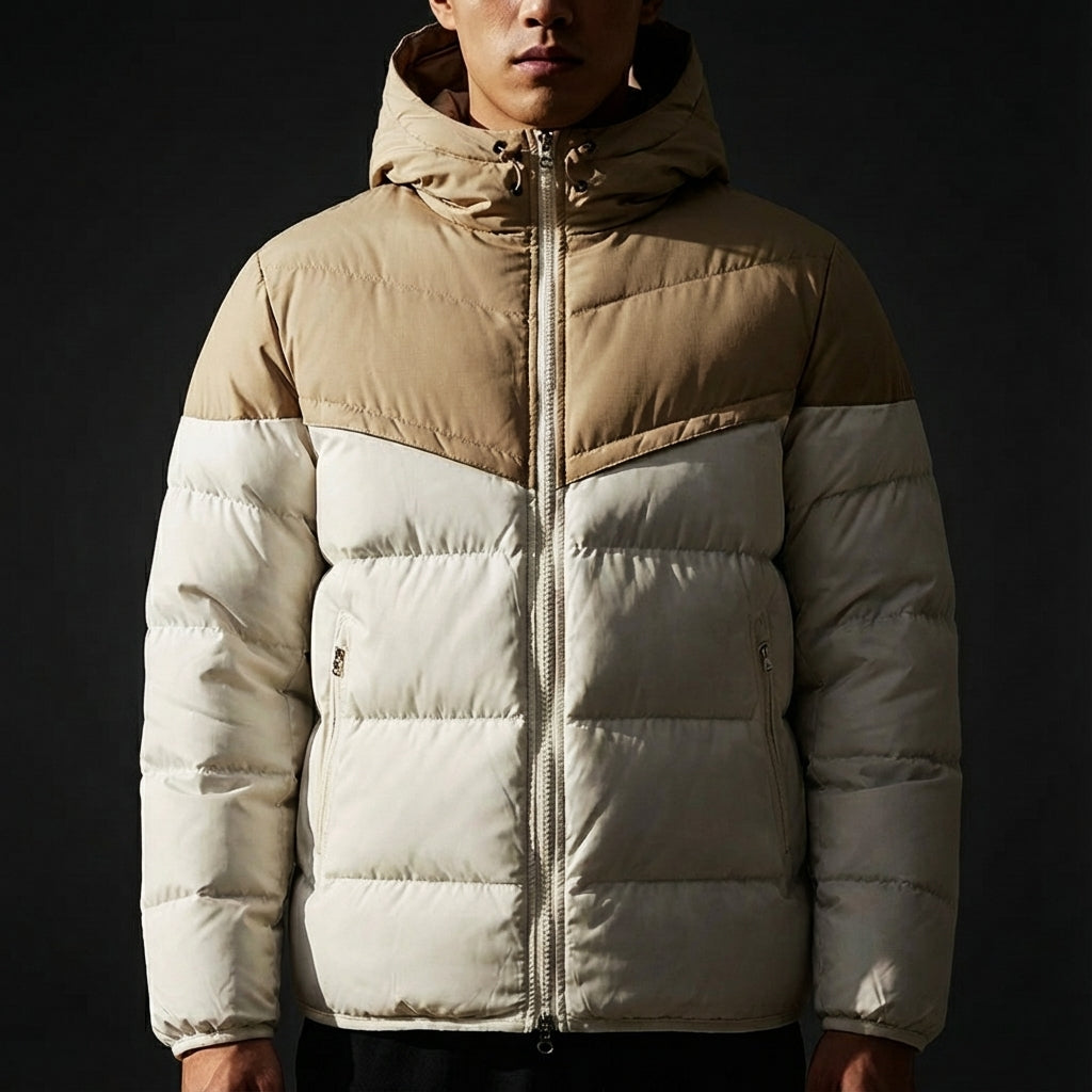 Men colour block puffer jacket hooded with zip front and contrast panel detailing