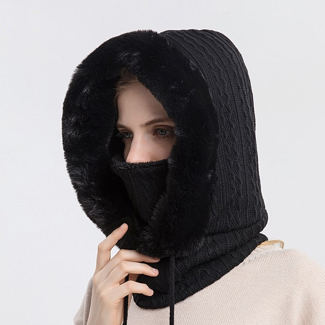 Balaclava Hoodie | Unisex Knit, Faux Fur Lined | Winter Face Cover