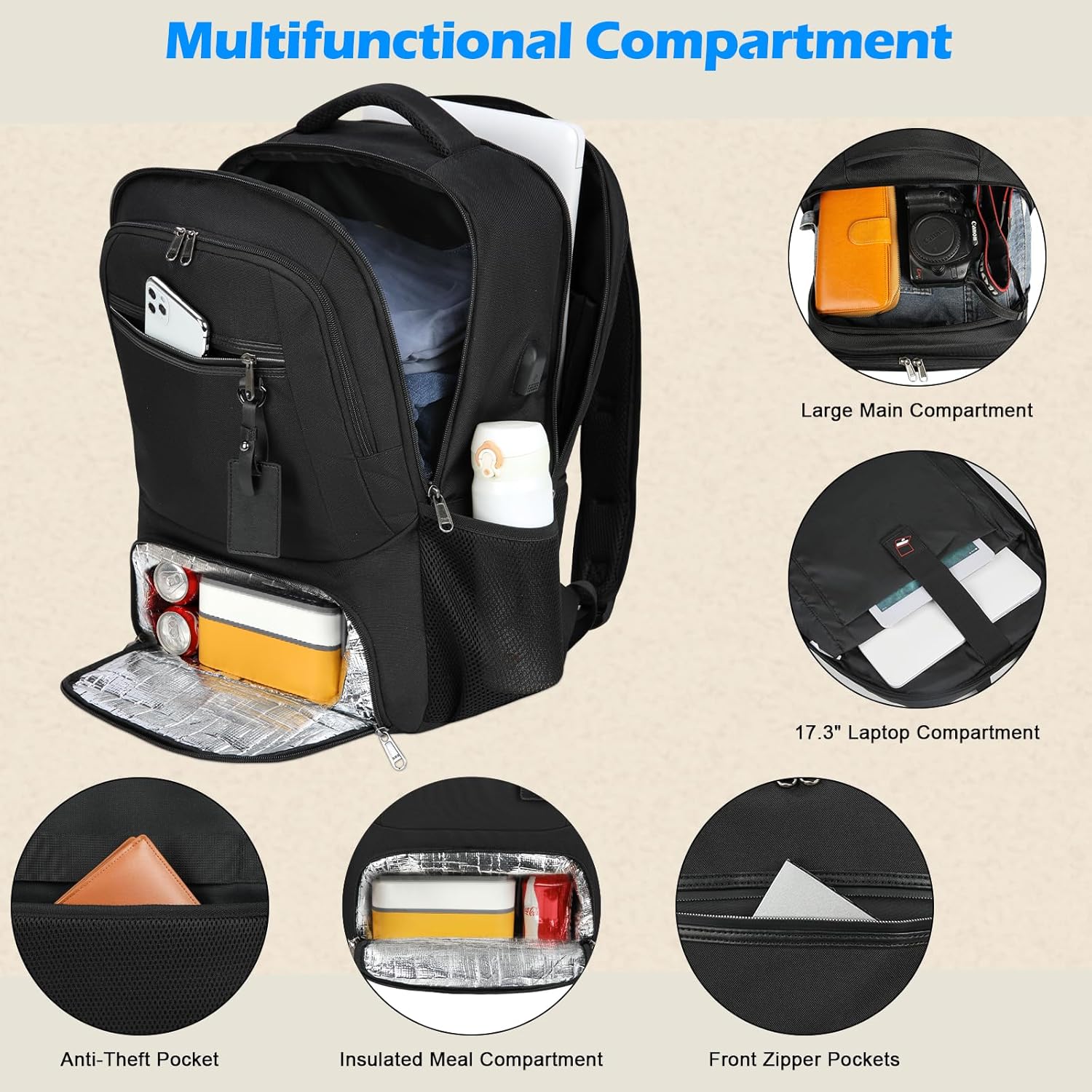 Laptop Backpack | Waterproof, USB Port, Meal Compartment