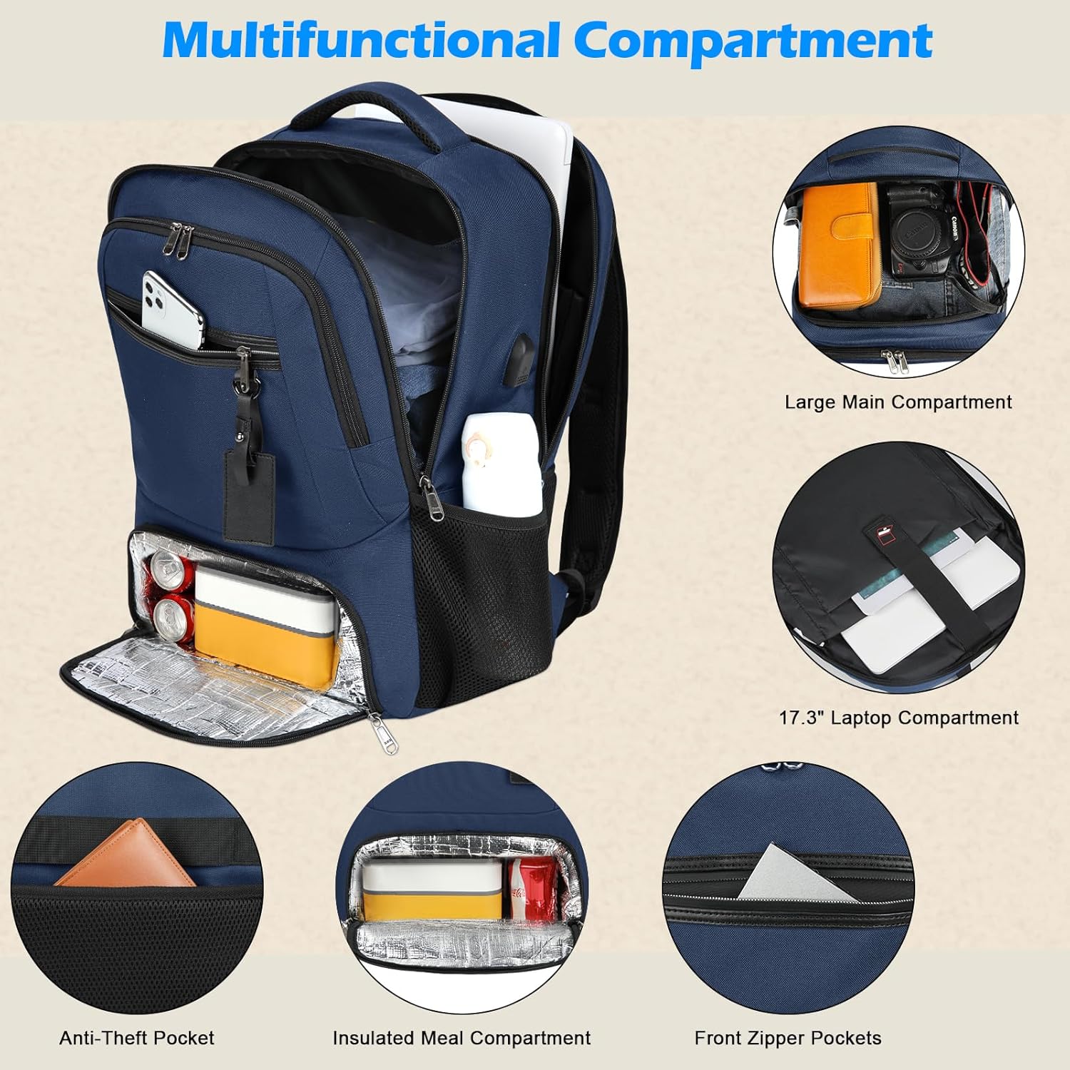 Laptop Backpack | Waterproof, USB Port, Meal Compartment