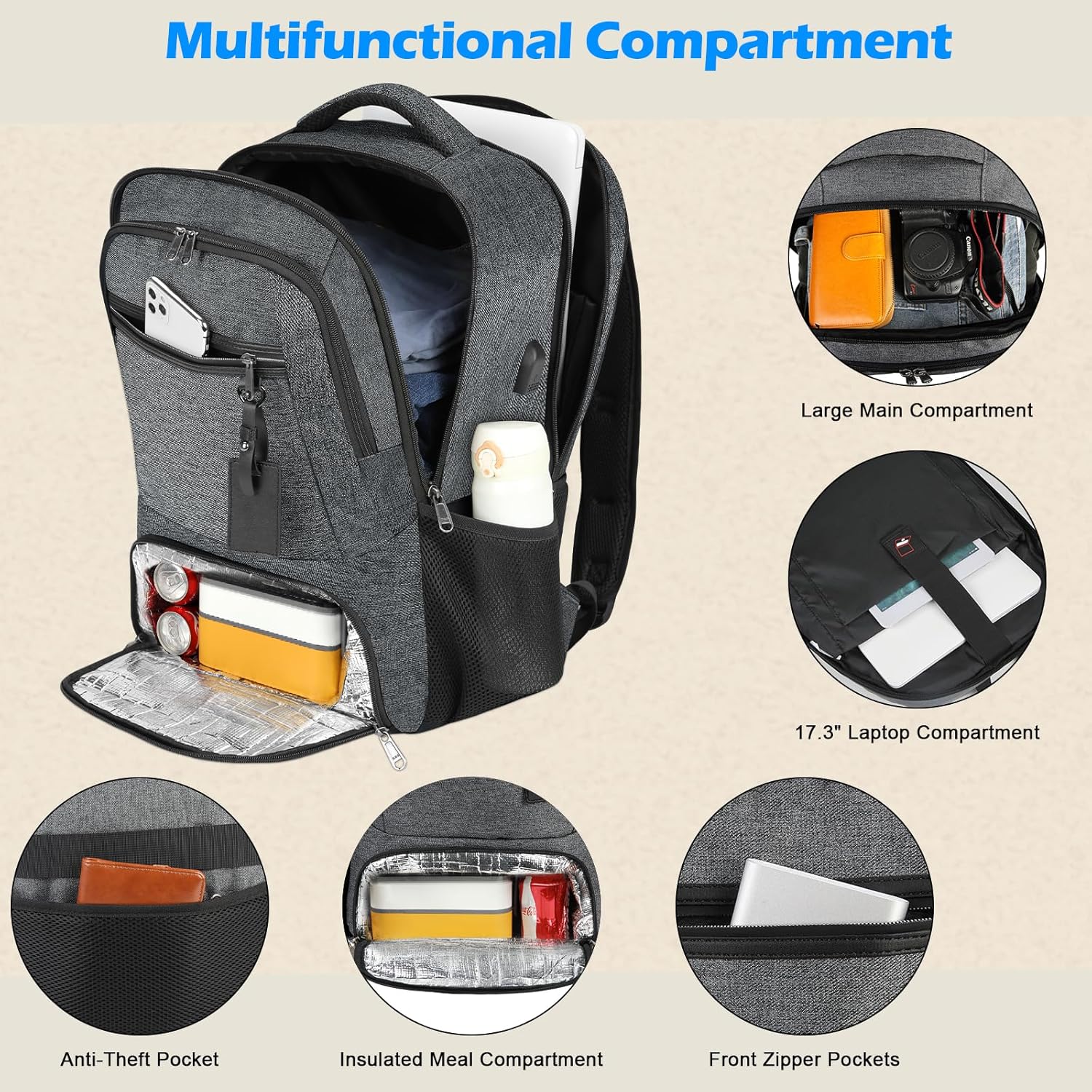Laptop Backpack | Waterproof, USB Port, Meal Compartment